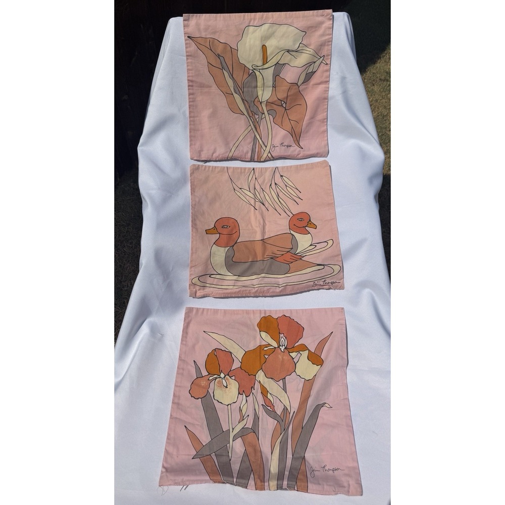 Jim Thompson Signed Lot 3 Thai Silk Pillow Case Duck Iris Motif Decor Zippered